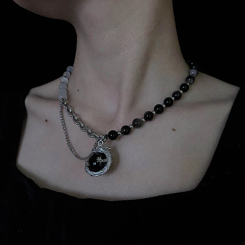 Black agate dragon pendant necklace made of titanium steel with adjustable chain and elegant design