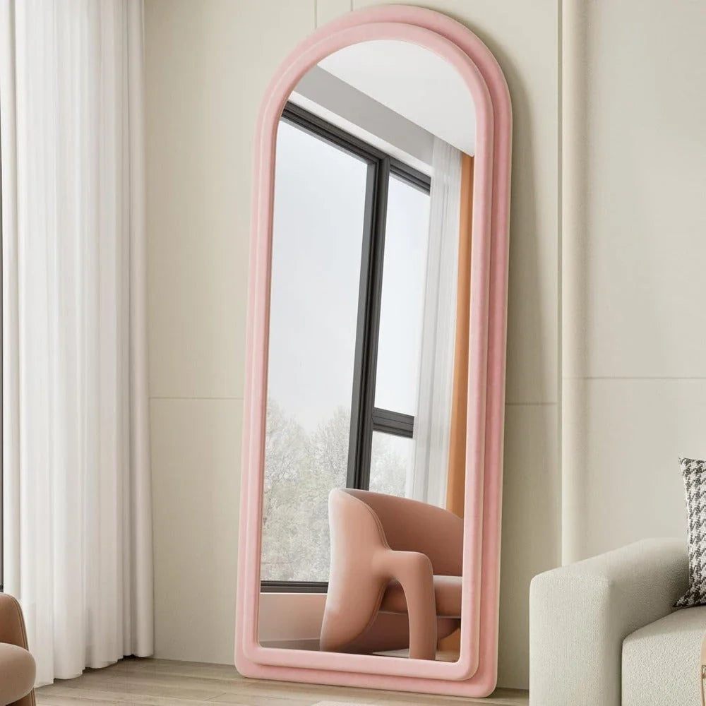 Arched full-length mirror with flannel frame, featuring a unique rabbit ear design for hanging accessories