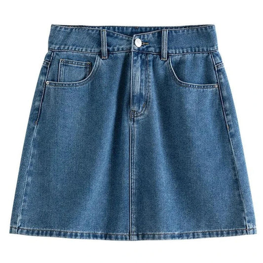 Chic high-waisted denim skirt in a classic blue shade, featuring an A-line silhouette and a flattering empire waistline.