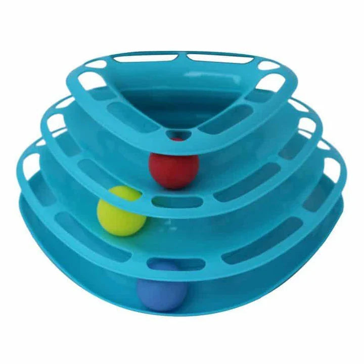 A yellow cat pyramid toy with colourful bouncing balls, designed to engage and entertain your feline companion