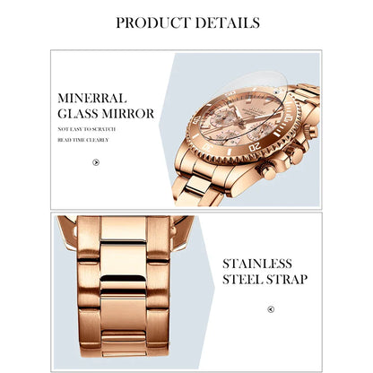Elegant ladies' fashion watch with multifunctional features like luminous display, calendar, and 24-hour indication for professional use