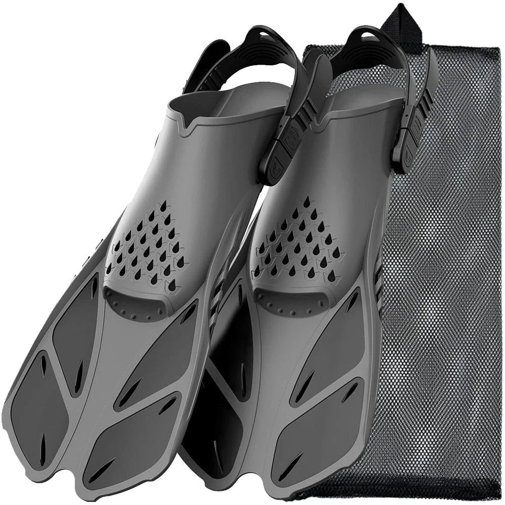 Adjustable open-heel snorkel fins with durable, lightweight construction and non-slip design for enhanced comfort and safety during underwater exploration