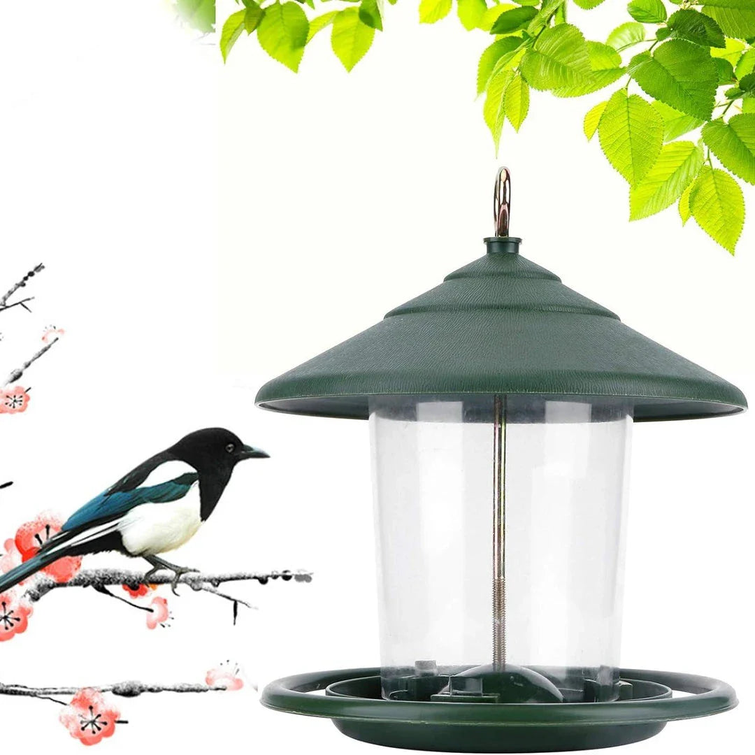 Garden Haven Hanging Wild Bird Feeder with unique terrace design, large seed capacity, and transparent body for easy monitoring
