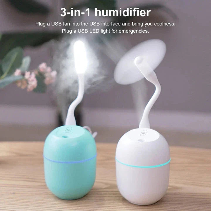 Compact ultrasonic humidifier and aroma diffuser with LED night light, designed for use in home or office spaces.