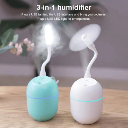 Compact ultrasonic humidifier and aroma diffuser with LED night light, designed for use in home or office spaces.