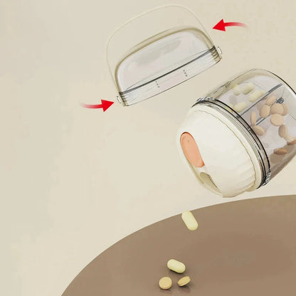Compact and waterproof pill organiser with transparent body and spiral sliding cover for organised medication storage during travel