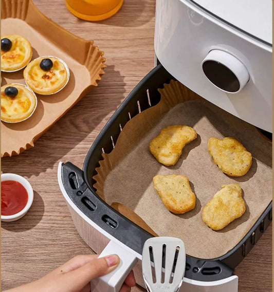 50 disposable air fryer liners made from non-toxic wood paper for easy clean-up and non-stick cooking