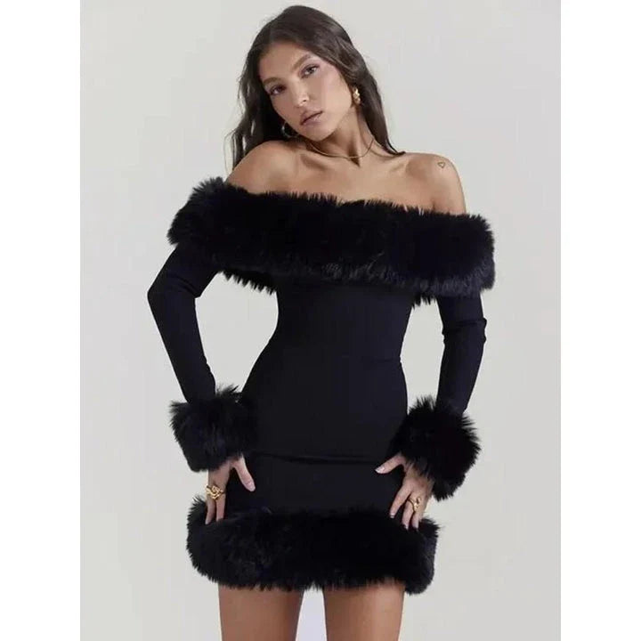 Elegant off-shoulder mini dress with fur trim, perfect for upscale autumn and winter parties