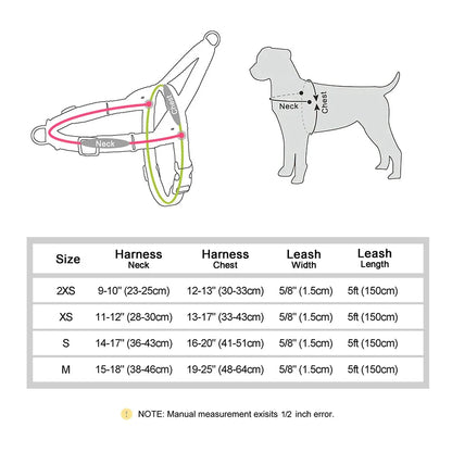 Adjustable no-pull dog harness and leash set made of durable, lightweight nylon in various colours for small, medium, and large breeds