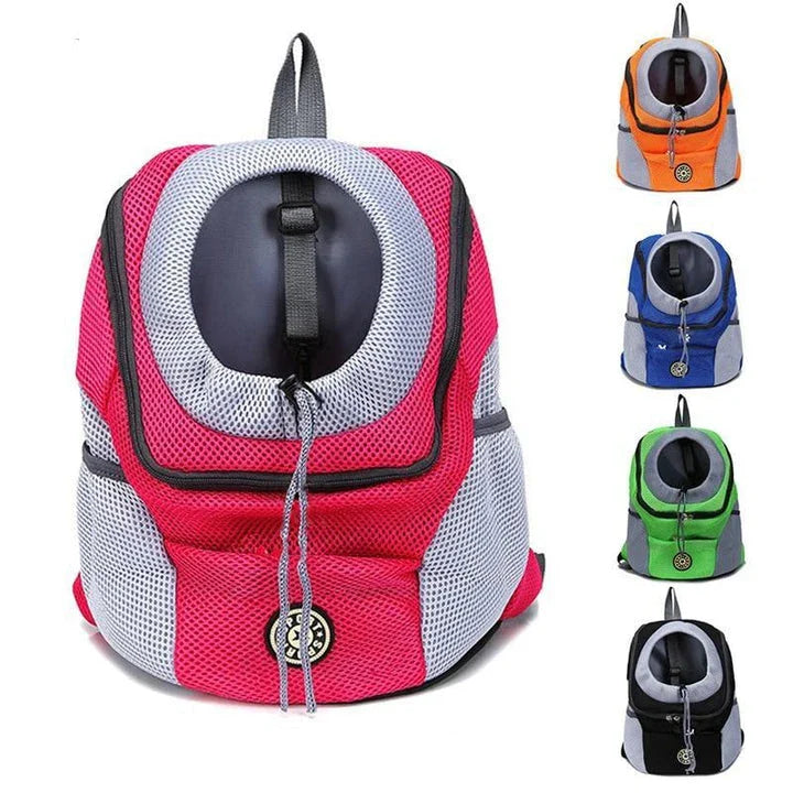 Compact dog carrier backpack made of durable nylon with a convenient front hole for small dogs to poke their head out