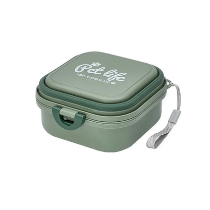 Portable double-decker foldable travel bowl for dogs and cats, featuring separate compartments for food and water, durable plastic construction, and a compact, collapsible design for easy transport.