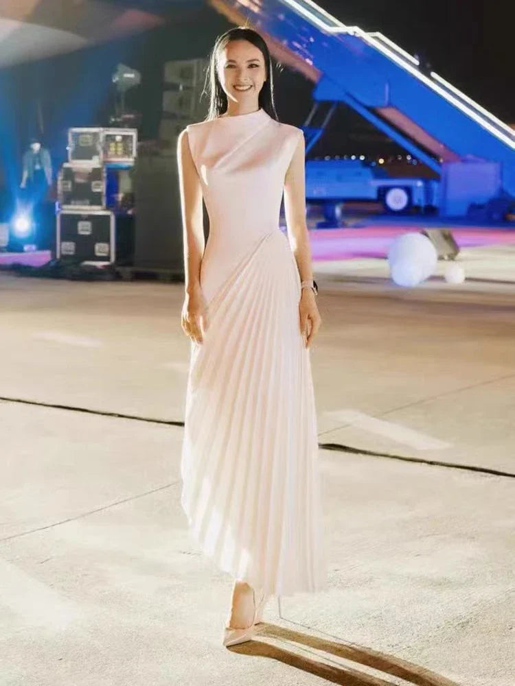 Elegant asymmetric dress in wine red and milky white with a half turtleneck design, perfect for autumn and winter wear.