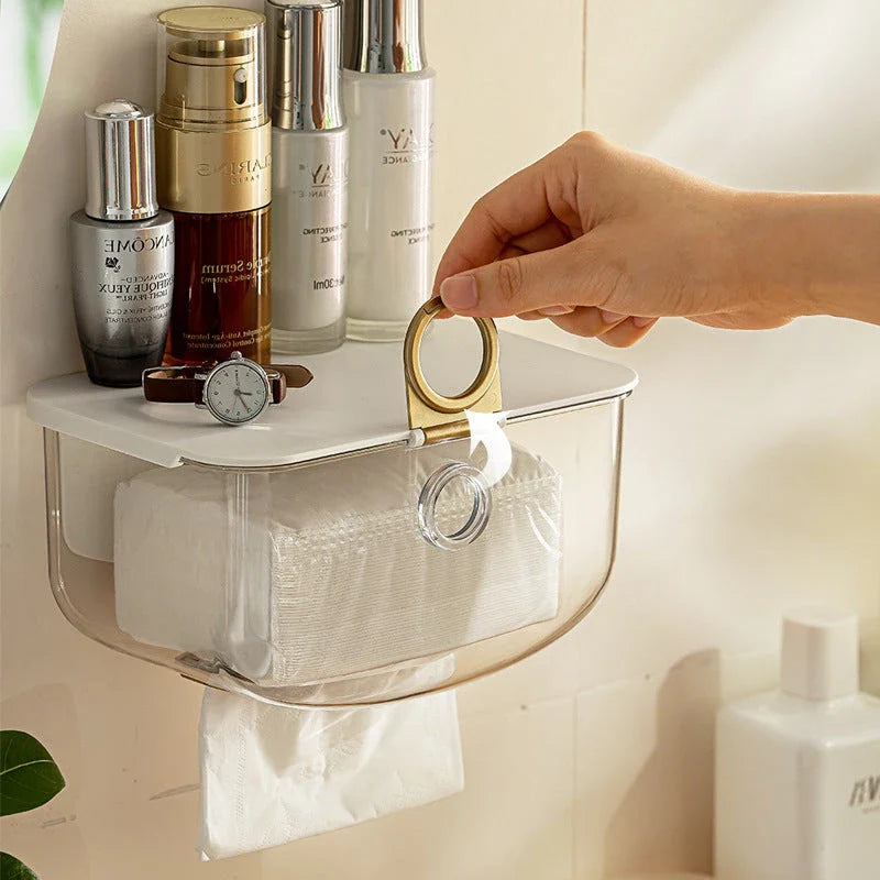 Trendha Modern Wall-Mounted Tissue Box and Storage Dispenser in grey, featuring a sleek and stylish design for bathroom or kitchen organisation.
