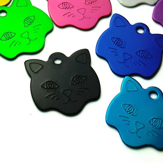 Customisable cat ID tags made from premium aluminium in a variety of vibrant colours