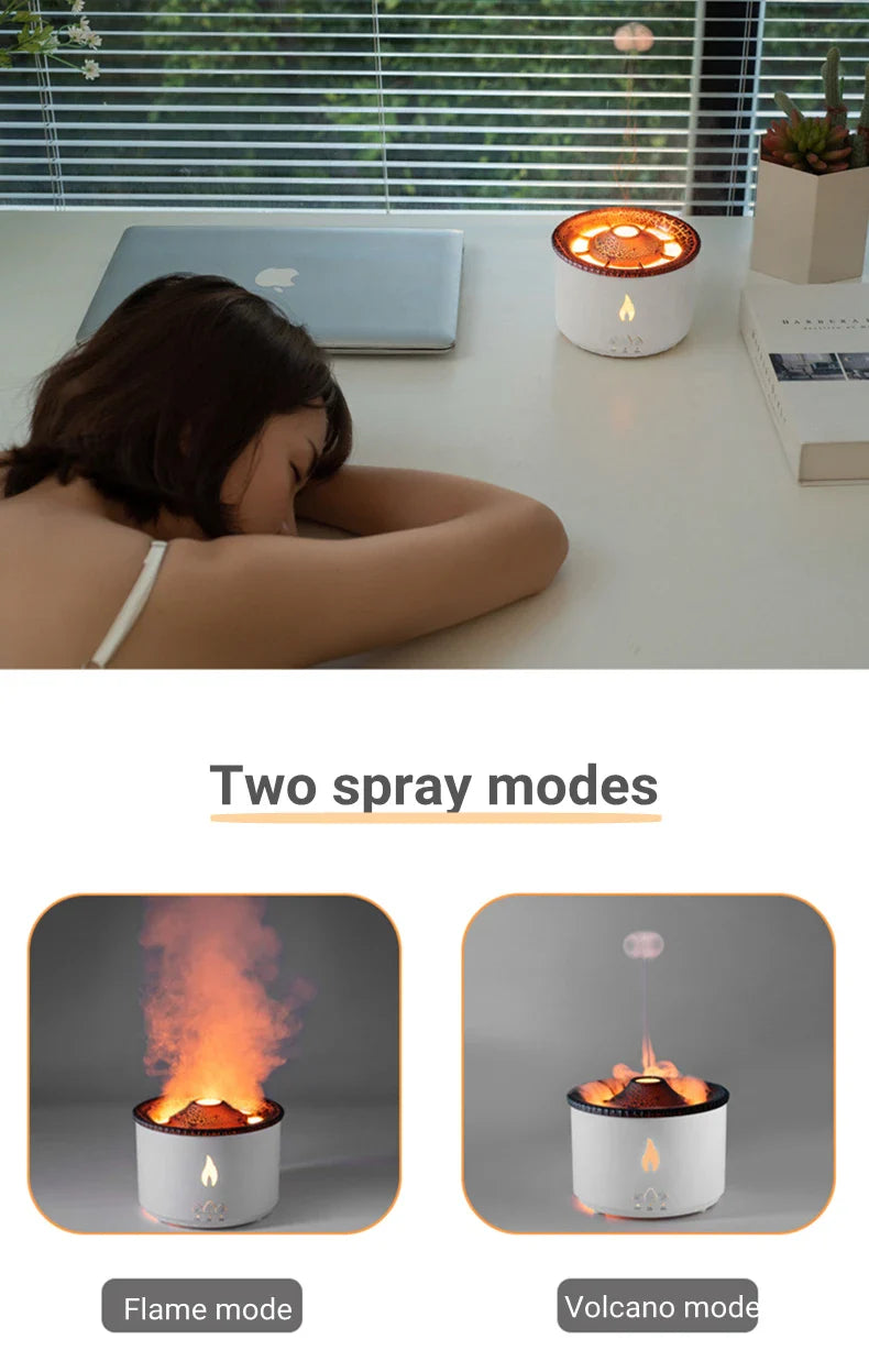 Elegant ultrasonic essential oil humidifier with flame and jellyfish-inspired lighting effects for relaxing ambiance
