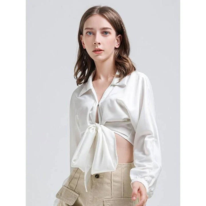 Elegant Vintage V-Neck Long Sleeve Crop Blouse in White - A stylish and comfortable wardrobe essential for the fashion-forward British woman.