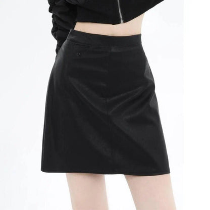 A chic faux leather high-waisted mini skirt in black, perfect for the modern British woman's autumn and winter wardrobe.
