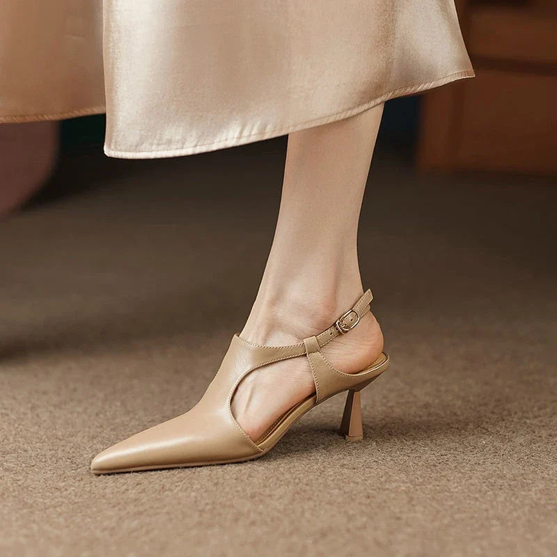 Elegant leather pointed toe high heel sandals with a sleek, sophisticated design and premium construction for a stylish and comfortable look.