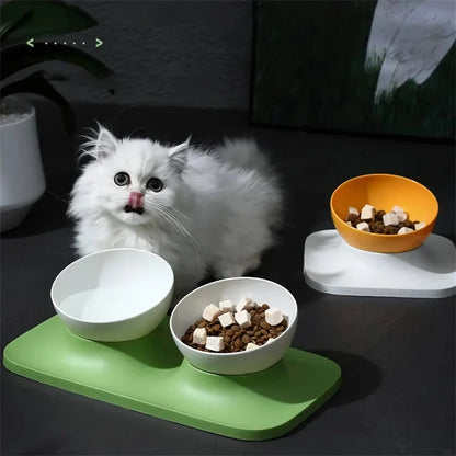 Adjustable anti-spill double bowl feeding station with neck guard for cats and dogs