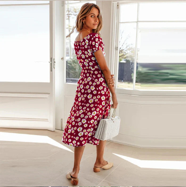 Elegant floral dress with square neckline, A-line skirt, and adjustable drawstring waist