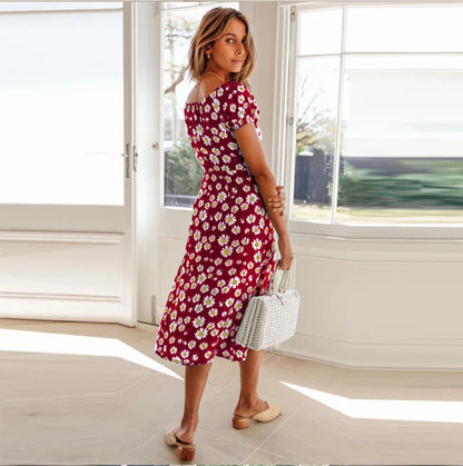 Elegant floral dress with square neckline, A-line skirt, and adjustable drawstring waist