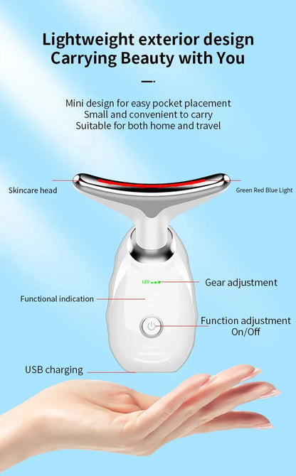 Neck and Face Beauty Device with Colorful LED Photon Therapy for Skin Tightening, Wrinkle Reduction and Double Chin Removal
