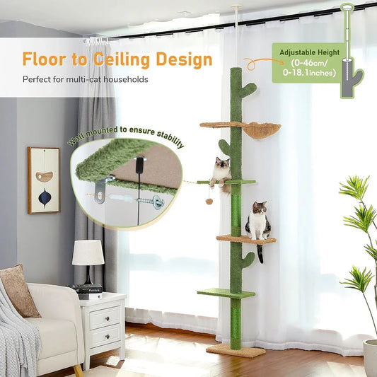 Adjustable Cactus Cat Tree with Multiple Platforms, Scratching Posts, and Cosy Nooks for Indoor Cats