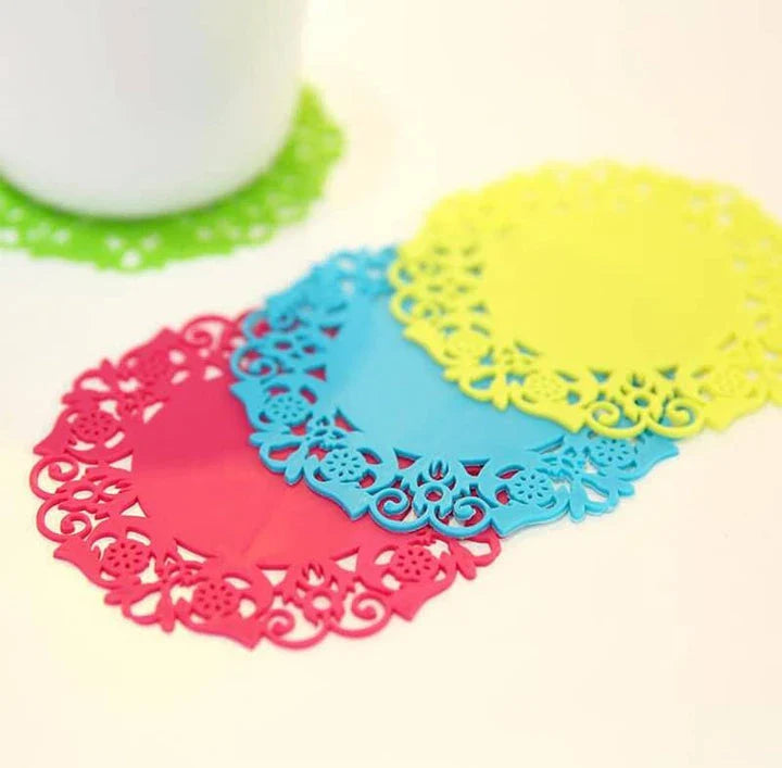 Trendha's premium Lace Silicone Coasters featuring a delicate lace pattern and heat-resistant design to protect your furniture in style.
