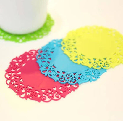 Trendha's premium Lace Silicone Coasters featuring a delicate lace pattern and heat-resistant design to protect your furniture in style.