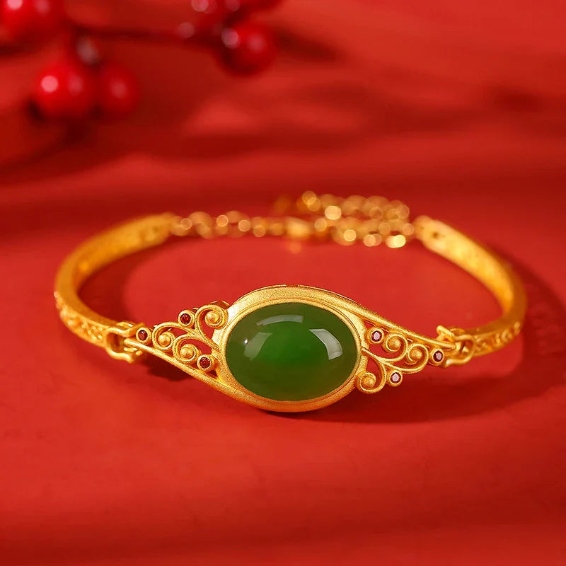 Pure silver bracelet with gilded jasper auspicious cloud design, inspired by traditional Chinese style