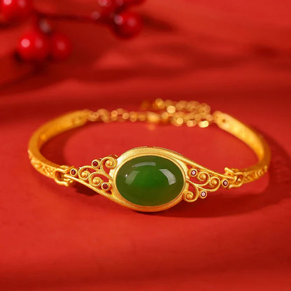 Pure silver bracelet with gilded jasper auspicious cloud design, inspired by traditional Chinese style
