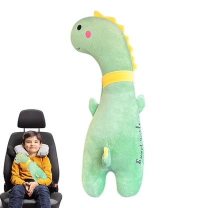 Comfortable car seat belt cushion pads with soft, breathable polyester fabric and plush PP cotton filling in fun cartoon designs including a giant goose, pink dinosaur, long-necked green dragon, and yellow giraffe
