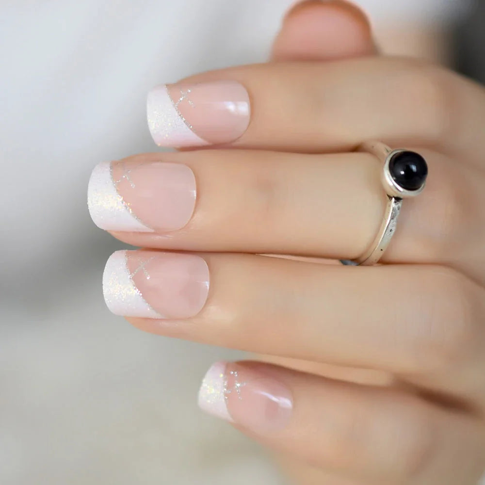 Iridescent white glitter short square French nail tips for a dazzling manicure