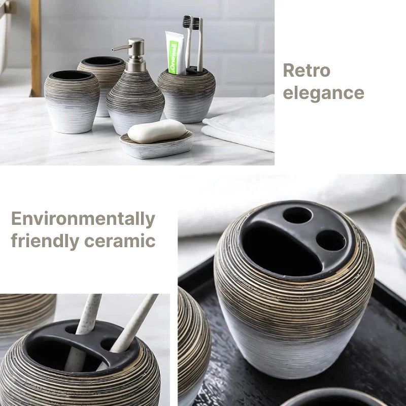 Elegant retro ceramic bathroom accessories set with toothbrush holder, soap dispenser, and mouthwash cup