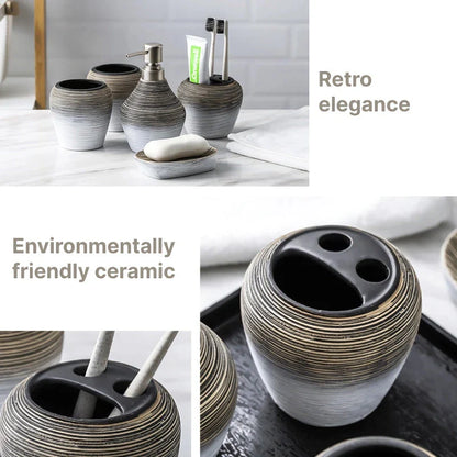 Elegant retro ceramic bathroom accessories set with toothbrush holder, soap dispenser, and mouthwash cup