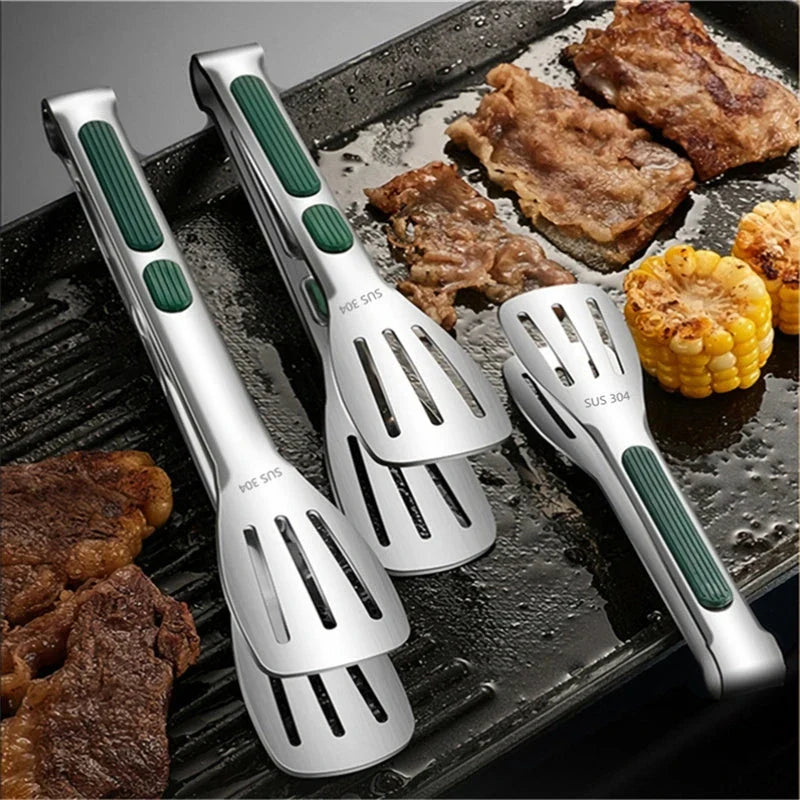 Stainless steel non-slip food tongs for cooking, serving, and handling hot dishes in the kitchen