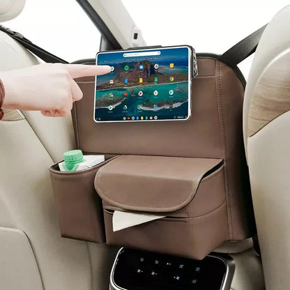 Premium leather car seat organiser with a delightful cartoon rabbit design, featuring dedicated compartments for papers, cups, and phablets