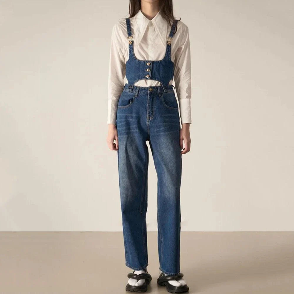 Chic denim two-piece set with sleeveless top and relaxed fit trousers in a stylish and comfortable design