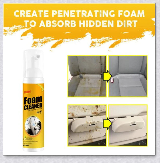 Powerful multifunctional foam cleaner for car interiors, effectively removing dirt, grime and stains from upholstery, carpets and dashboard.