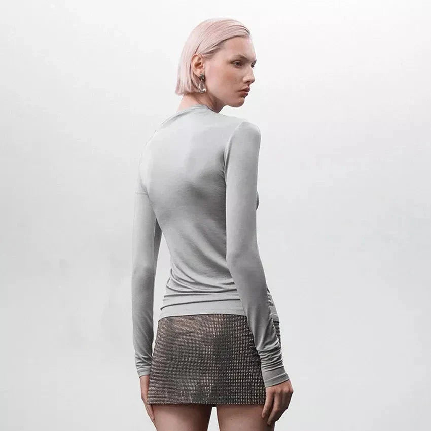 Elegant grey asymmetric collar ruched top for modern British women