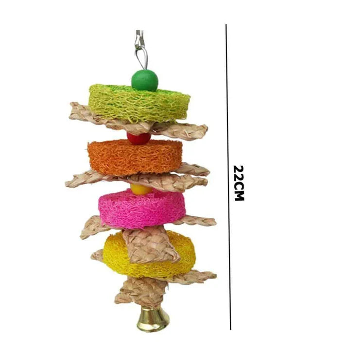 Premium eco-friendly parrot toy with wooden pieces and soothing jingle bells, perfect for sustainable playtime