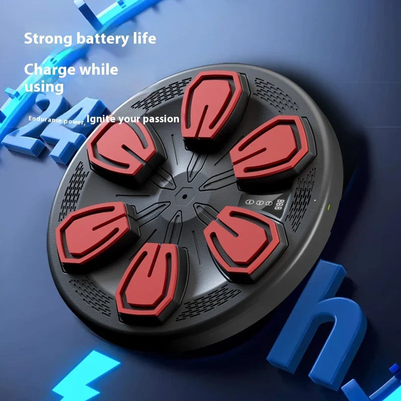 A smart home fitness device called the Music Boxing Machine, featuring a sleek black design and a touchscreen display for music-driven workouts.