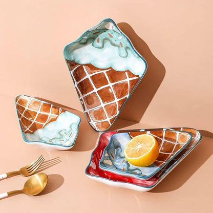 Whimsical ice cream shaped ceramic plate in red and blue colours, available in small and large sizes