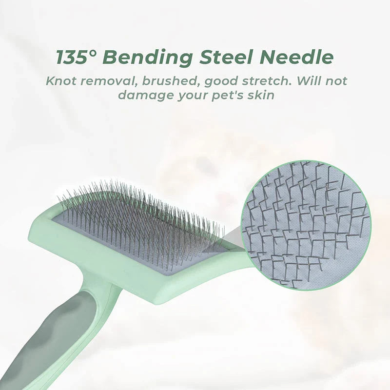 Professional Pet Slicker Brush with 135° angled steel needles, curved brush plate, and non-slip ergonomic handle
