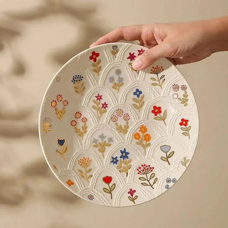 Elegant floral ceramic plate with intricate underglaze pattern, perfect for serving breakfast, lunch, dinner or desserts