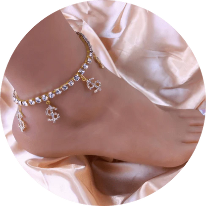 Elegant brass anklet with shimmering dollar pendants and rhinestones