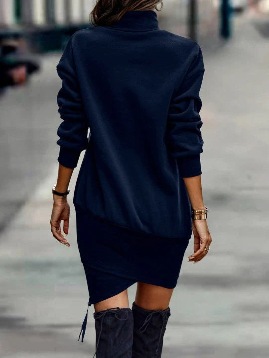 Elegant long sleeve midi dress in various colours, featuring a high neck design and waist cutout detail
