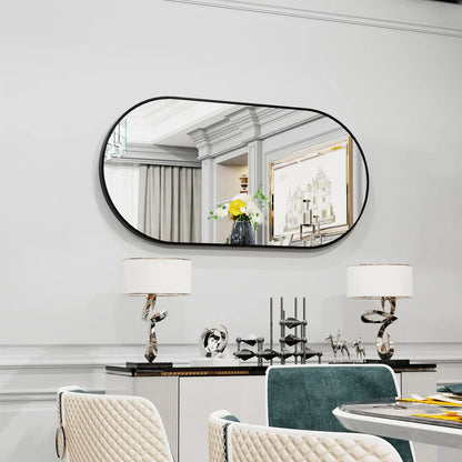 Elegant black oval-shaped wall mirror with a modern and sophisticated design, perfect for bathroom, entryway, and living room decor.