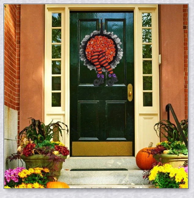 Halloween Witch Wreath with Intricate Lace, Striped Legs, and Glitter Boots for Spooktacular Seasonal Decor