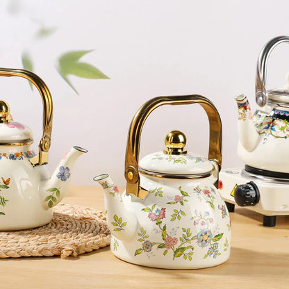 Elegant enamel outdoor kettle with a 1200 ml capacity, designed for brewing tea in style